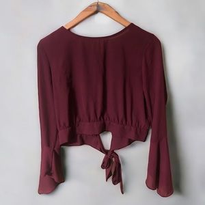 Burgundy Cropped Long Sleeve Open Back Blouse Top U2B Size Large